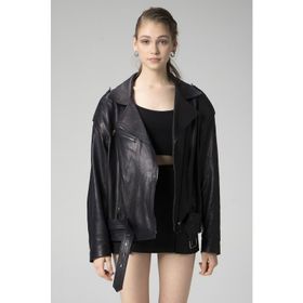 Dericlub WM031 Lacivert Jumbo Oversize Biker Deri Kadın Mont