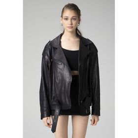 Dericlub WM031 Lacivert Jumbo Oversize Biker Deri Kadın Mont