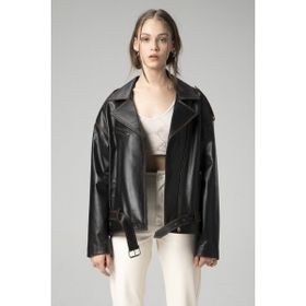 Dericlub WM031 Oversize Biker Silme Siyah Deri Kadın Mont