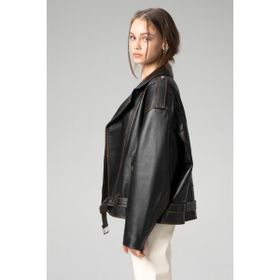 Dericlub WM031 Oversize Biker Silme Siyah Taba Deri Kadın Mont