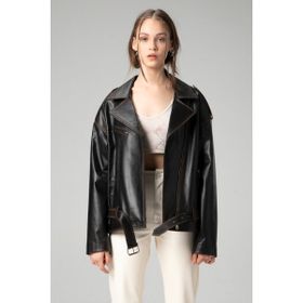 Dericlub WM031 Oversize Biker Silme Siyah Taba Deri Kadın Mont