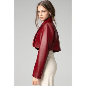 Dericlub WM034 Açık Bordo Gerçek Deri Crop Blazer Kadın Ceket