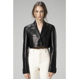Dericlub WM034 Siyah Gerçek Deri Crop Blazer Kadın Ceket
