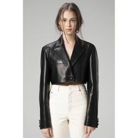 Dericlub WM034 Siyah Gerçek Deri Crop Blazer Kadın Ceket