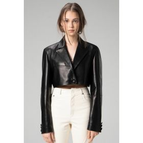 Dericlub WM034 Siyah Gerçek Deri Crop Blazer Kadın Ceket