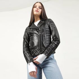 Dericlub YB-2141 Silme Gerçek Deri Siyah Bej Kadın Mont