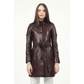 Dericlub YB-2334 Bordo Düğmeli Gerçek Deri Kadın Trençkot