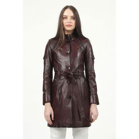 Dericlub YB-2334 Bordo Düğmeli Gerçek Deri Kadın Trençkot
