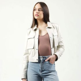 Dericlub YB-VGN1 Crop Fit Gerçek Deri Bej Kadın Mont