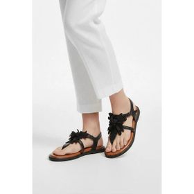 Deriderim TX9C1DEF6E2694 Siyah Çiçekli Parmak Arası Deri Kadın Sandalet