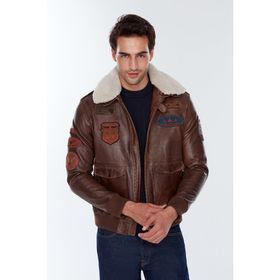 Derimod 22WGD6456L7 Maverick Erkek Kahverengi Armalı Yaka Kürklü Deri Pilot Mont