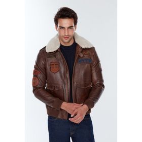 Derimod 22WGD6456L7 Maverick Erkek Kahverengi Armalı Yaka Kürklü Deri Pilot Mont