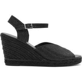 Derimod 25SFD2074SM Kadın Siyah Simli Bilekten Tokalı Dolgu Topuklu Espadril Sandalet