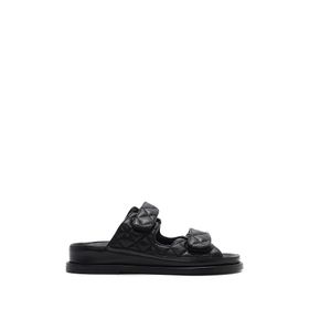 Derimod 25SFD2301KP Siyah Bantlı Kapitone Desenli Deri Kadın Terlik