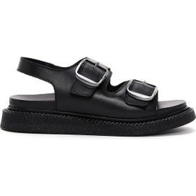 Derimod 25SFD300018 Siyah Çift Tokalı Deri Comfort Kadın Sandalet