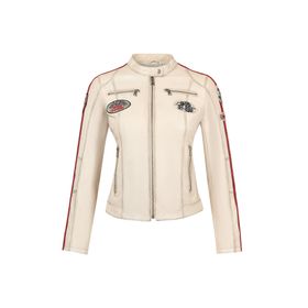 Derimod 25SGM589851 Ladyracer Kadın Beyaz Armalı Slim-Fit Deri Ceket