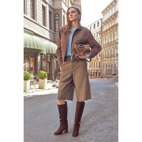 Derimod 25WGD532910 Gina Kadın Kahverengi Hakim Yaka Oversize Kısa Süet Deri Ceket