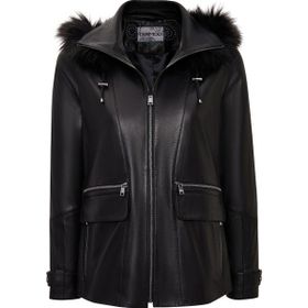 Derimod Chantal 25WGD5603U4 Siyah Kapüşonlu Kürklü Oversize Deri Kadın Mont