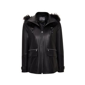 Derimod Chantal 25WGD5603U4 Siyah Kapüşonlu Kürklü Oversize Deri Kadın Mont