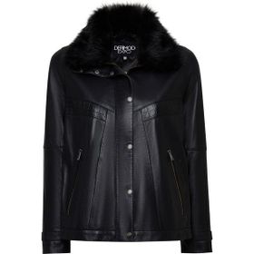 Derimod Hannah 25WGE56141M Siyah Yaka Kürklü Oversize Deri Kadın Mont