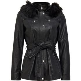 Derimod Rebecca 24WGE52092H Siyah Yaka Kürklü Deri Kadın Mont
