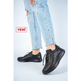Deripabuc DP71-0110 Hakiki Deri Siyah Siyah Kadın Deri Sneaker Spor Ayakkabı