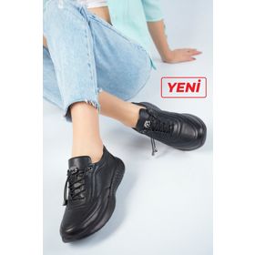 Deripabuc DP71-0111 Hakiki Deri Siyah Siyah Kadın Deri Sneaker Spor Ayakkabı