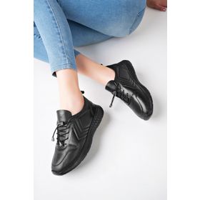 Deripabuc DP71-0112 Hakiki Deri Siyah Kadın Deri Sneaker Spor Ayakkabı