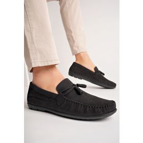 Deripabuc MRD25-0489 Hakiki Deri Siyah Nubuk Erkek Deri Loafer Ayakkabı