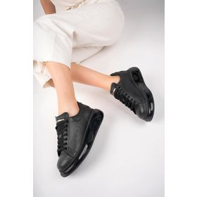 Deripabuc TRC-0694 Hakiki Deri Siyah Kadın Deri Sneaker