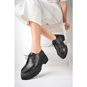 Deripabuc TRC-10932 Hakiki Deri Siyah Kadın Günlük Kalın Taban Deri Loafer Ayakkabı