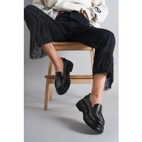 Deripabuc TRC-216675 Siyah Kadın Günlük Kalın Taban Deri Loafer Ayakkabı