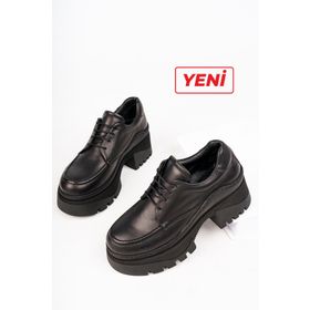 Deripabuc TRC-3003 Hakiki Deri Siyah Kadın Tırtıklı Platform Taban Loafer Ayakkabı