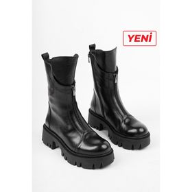 Deripabuc TRC-3004 Hakiki Deri Siyah Tırtıklı Platform Taban Deri Kadın Bot