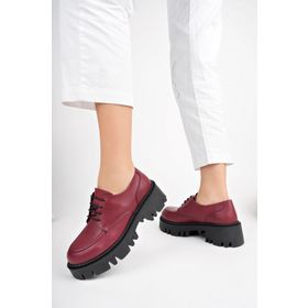 Deripabuc TRC-4003 Hakiki Deri Bordo Kadın Tırtıklı Platform Taban Loafer Ayakkabı