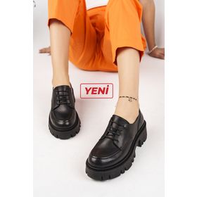 Deripabuc TRC-4003 Hakiki Deri Siyah Kadın Tırtıklı Platform Taban Loafer Ayakkabı