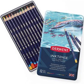 Derwent 12 Renk Metal Kutulu Inktense Serisi Mürekkep Bazlı Sulu ve Kuru boya Kalem Seti