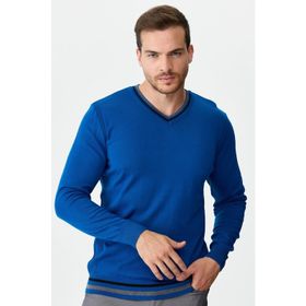 Desen Triko 02421613 Yaka Kenarı Çizgili V Yaka Yün Siyah Erkek Kazak