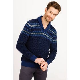 Desen Triko 0248653 Erkek Şal Yaka Saf Yün Indigo Kazak