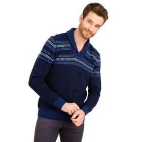 Desen Triko 0248653 Erkek Şal Yaka Saf Yün Indigo Kazak