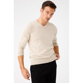 Desen Triko 21602 Basic V Yaka İnce Triko Bej Erkek Kazak