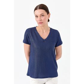 Desen Triko 23462 Lacivert Kadın V Yaka Cepli Penye T-Shirt