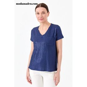 Desen Triko 23462 Lacivert Kadın V Yaka Cepli Penye T-Shirt