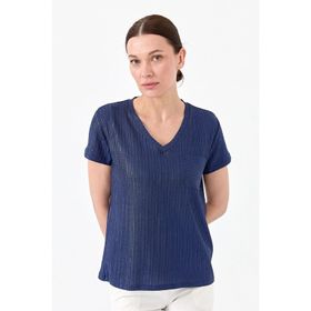 Desen Triko 23462 Lacivert Kadın V Yaka Cepli Penye T-Shirt