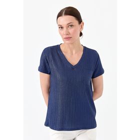 Desen Triko 23462 Lacivert Kadın V Yaka Cepli Penye T-Shirt