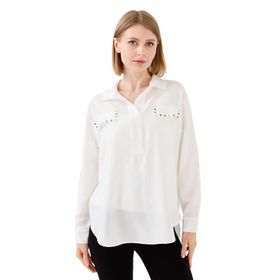 Desen Triko 23485 Ekru Polo Yaka Cepli Kadın Bluz