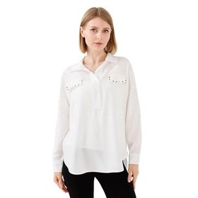 Desen Triko 23485 Ekru Polo Yaka Cepli Kadın Bluz