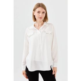Desen Triko 23485 Ekru Polo Yaka Cepli Kadın Bluz