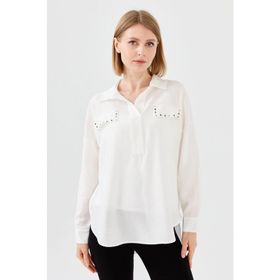 Desen Triko 23485 Ekru Polo Yaka Cepli Kadın Bluz
