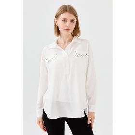 Desen Triko 23485 Ekru Polo Yaka Cepli Kadın Bluz